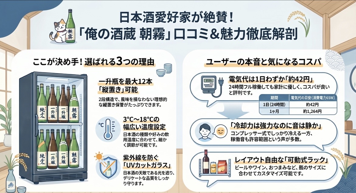 俺の酒蔵 朝霧の口コミ評価をレビュー！縦置きできる？電気代も調査!サンコー