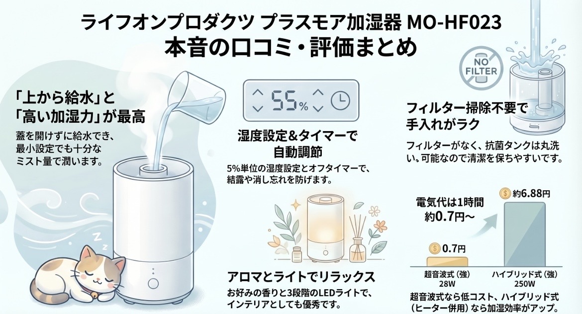 プラスモア加湿器MO-HF023の口コミ評価レビュー！電気代やフィルター掃除は？