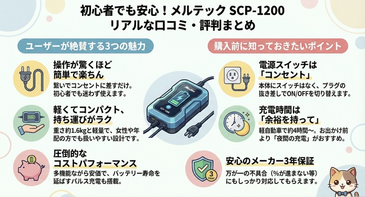 メルテック充電器scp-1200の口コミ評判レビュー！使い方は？