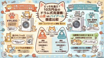 山善YWMD-D1050とハイアールJW-FP100Aの違いを比較！どっちがおすすめ？ドラム式