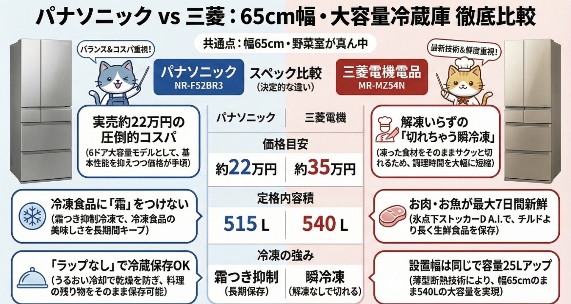NR-F52BR3とMR-MZ54Nの違いを比較！どっちがおすすめ？パナソニックvs三菱
