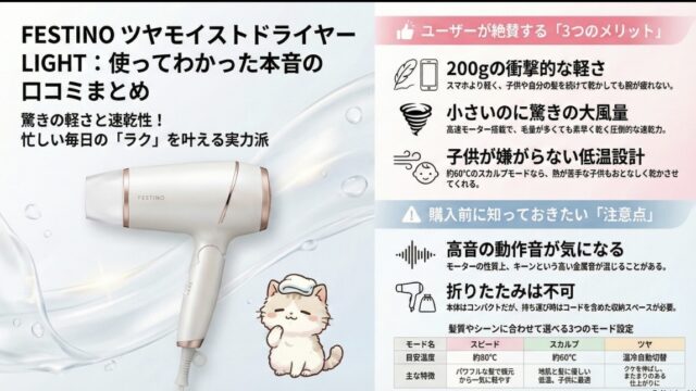 FESTINOツヤモイストドライヤーLIGHTの口コミ評価レビュー！コンパクトさ ツヤ仕上がりは？