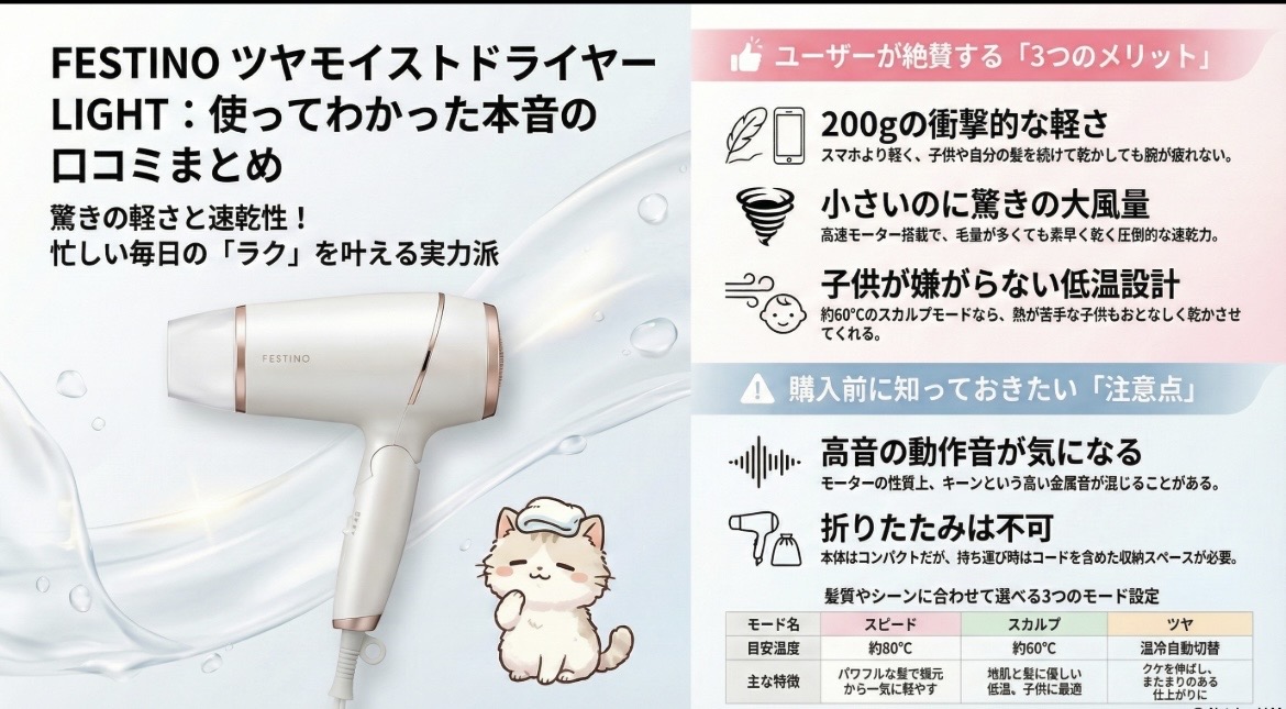 FESTINOツヤモイストドライヤーLIGHTの口コミ評価レビュー！コンパクトさ ツヤ仕上がりは？