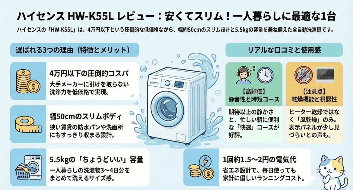 ハイセンス洗濯機HW-K55Lの口コミ評価レビュー！一人暮らしにはおすすめか？電気代は？