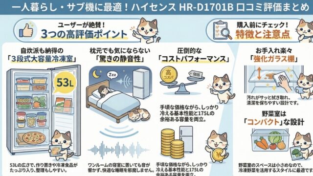 HR-D1701Bの口コミ評価レビュー！一人暮らしにおすすめ？音は静か？ハイセンス冷蔵庫