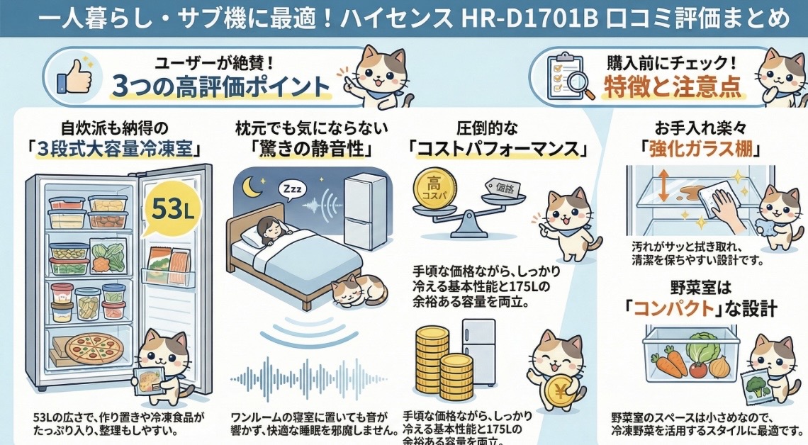 HR-D1701Bの口コミ評価レビュー！一人暮らしにおすすめ？音は静か？ハイセンス冷蔵庫