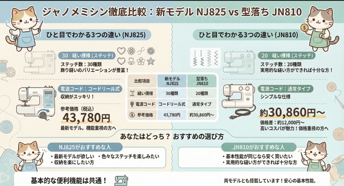 ジャノメミシンNJ825とJN810の違いを比較！型落ちでも機能充分？