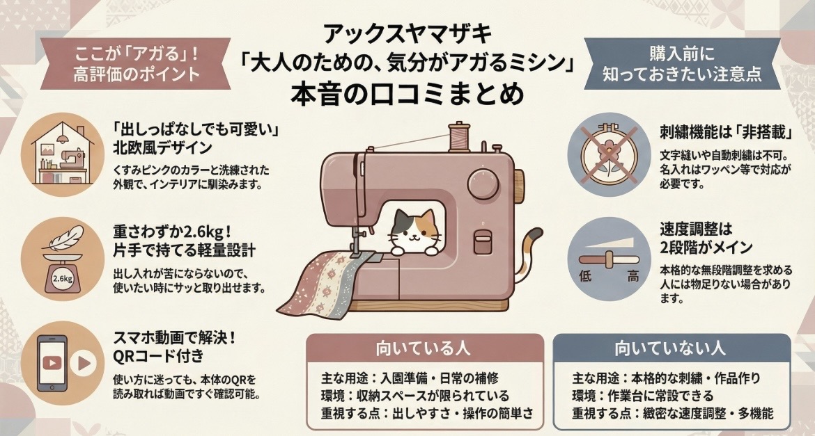 大人のための、気分がアガるミシンの口コミ評価！使い方や刺繍は？アックスヤマザキ