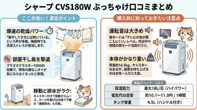 シャープCVS180Wの口コミ評価レビュー！電気代や音はうるさい？静か？衣類乾燥除湿機