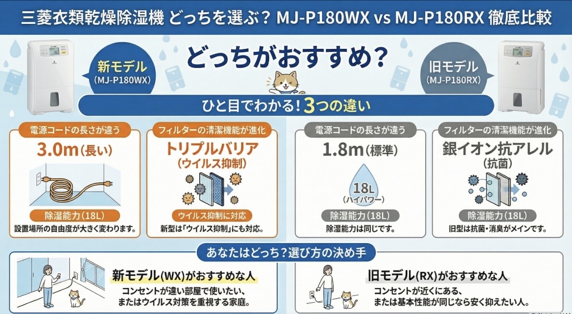 MJ-P180WX-WとMJ-P180RX-Wの違いを比較！どっちがおすすめ？三菱衣類乾燥除湿機