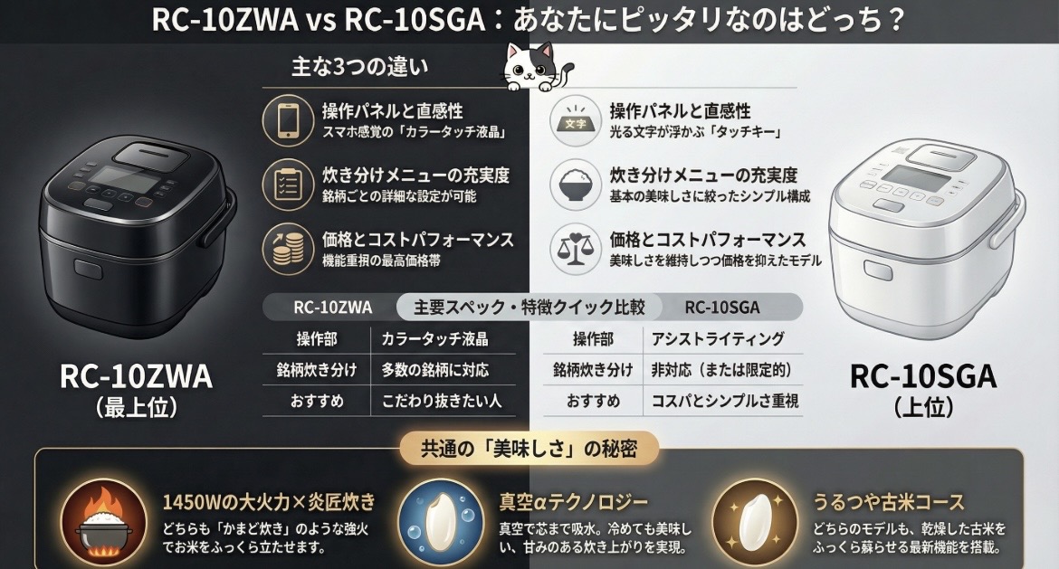 炎匠炊きRC-10ZWAとRC-10SGAの違いを比較!どっちがおすすめ？東芝炊飯器