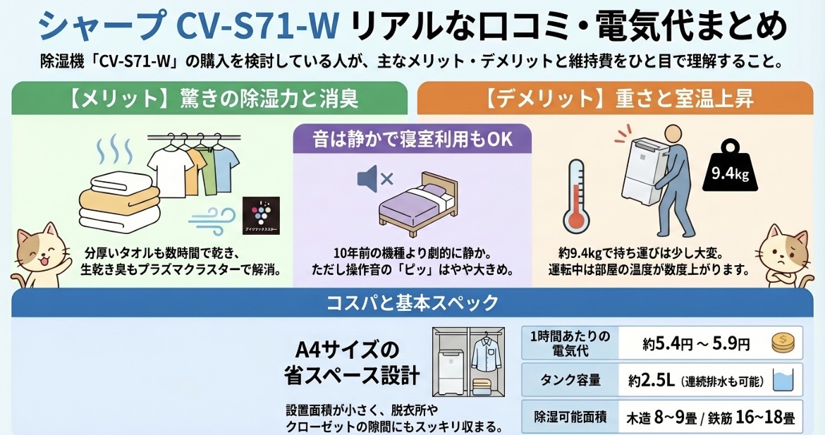 CV-S71-Wの口コミ評価レビュー！電気代は？音は？シャープ衣類乾燥除湿機