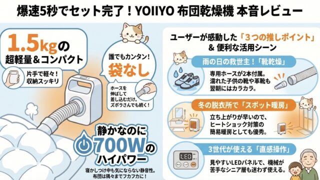YOIIYO布団乾燥機の口コミ評価レビュー！靴乾燥はできる？コンパクト？