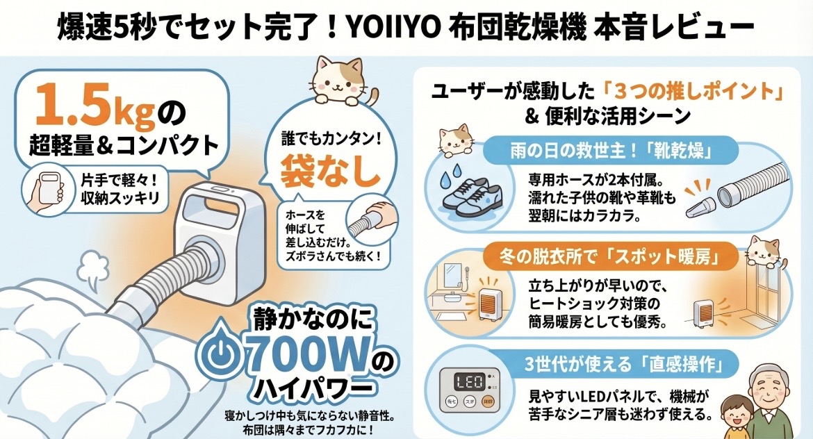 YOIIYO布団乾燥機の口コミ評価レビュー！靴乾燥はできる？コンパクト？