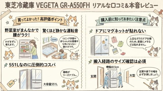 東芝冷蔵庫GR-A550FHの口コミ評価！音は静かうるさい？使いやすいかレビュー