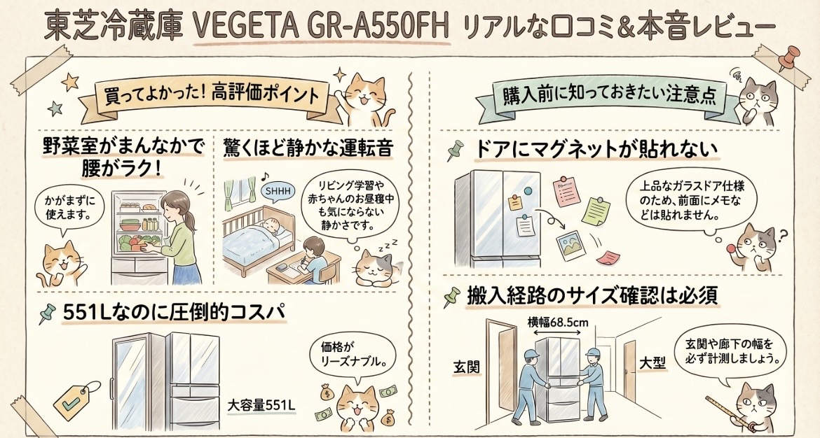 東芝冷蔵庫GR-A550FHの口コミ評価！音は静かうるさい？使いやすいかレビュー