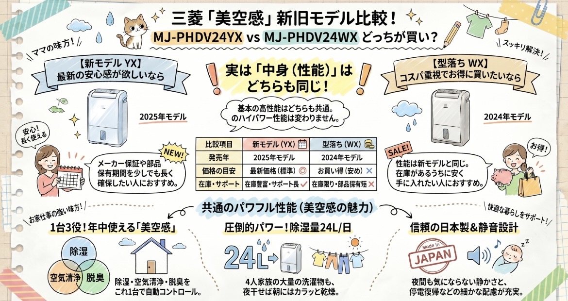 MJ-PHDV24YXとMJ-PHDV24WXの違いを比較！型落ちでも機能充分？