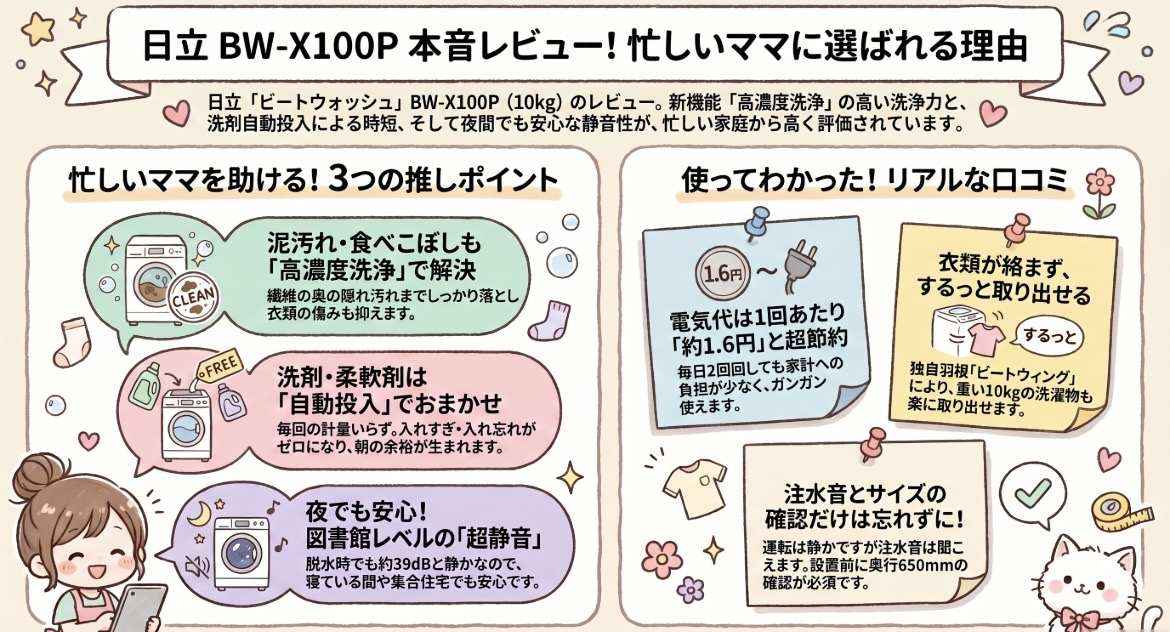 BW-X100Pの口コミ評価レビュー！電気代は？音はうるさい？日立全自動洗濯機