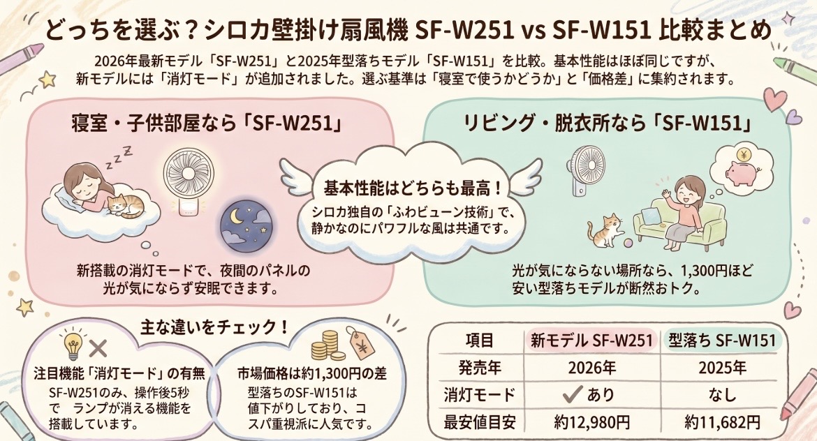 SF-W251とSF-W151の違いを比較！型落ちでも充分？どっちを選ぶ？壁掛け扇風機