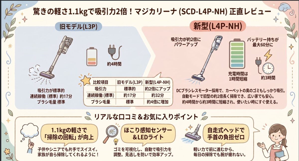 SCD-L4P-NH（MagiCaleena）の口コミ評判レビュー！軽い？吸引力は？アイリスオーヤマ スティッククリーナー