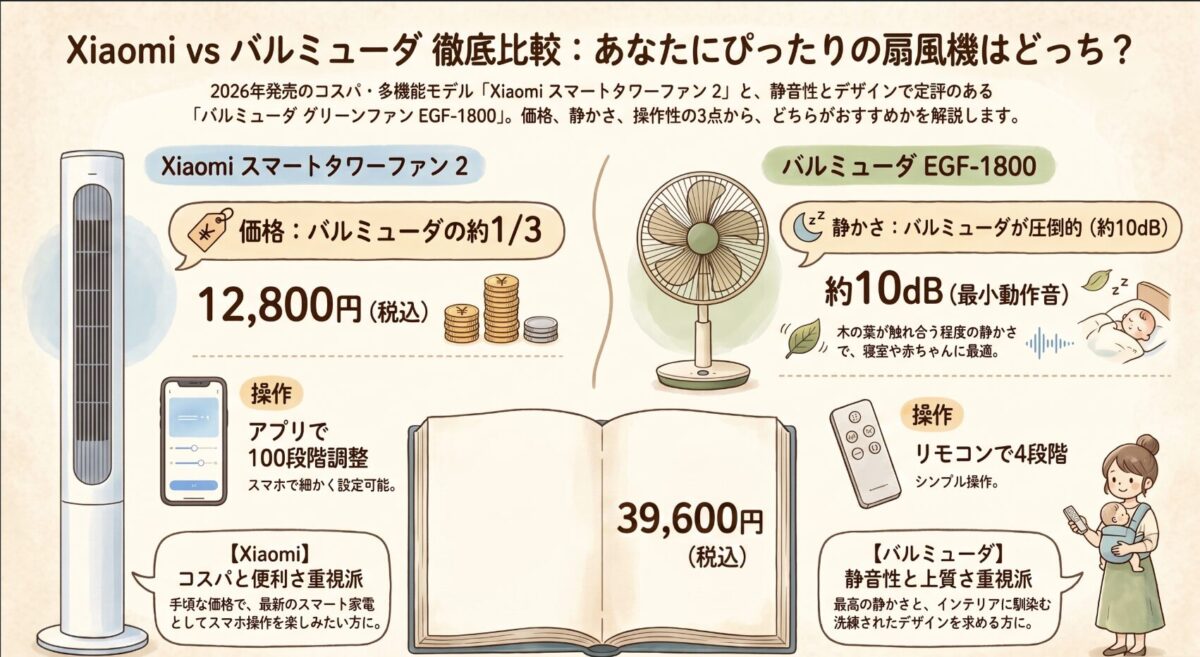 Xiaomi スマートタワーファン 2とバルミューダ グリーンファン EGF-1800の違いを比較！どっちがおすすめ？シャオミ・バルミューダ扇風機