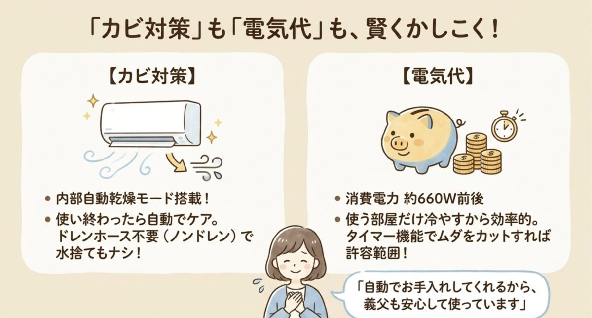 カビ対策も電気代も賢くかしこく！自動乾燥と消費電力