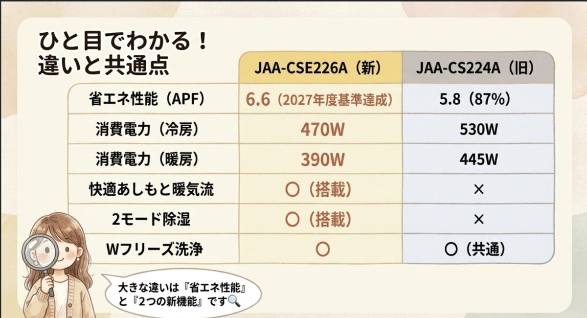 JAA-CSE226AとJAA-CS224A ひと目でわかる違いと共通点比較表
