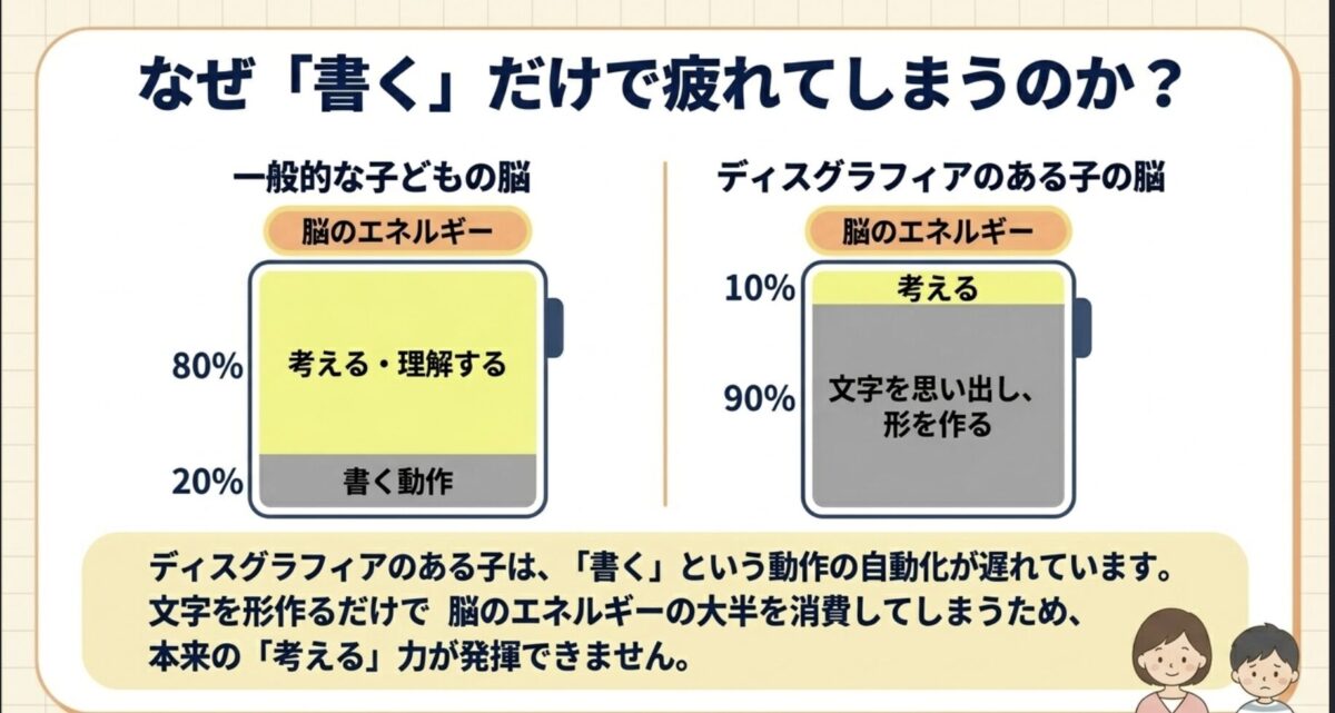 なぜ書くだけで疲れてしまうのか 一般的な子どもとディスグラフィアのある子の脳のエネルギー比較