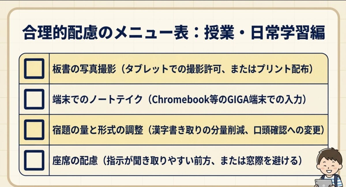 合理的配慮のメニュー表 授業日常学習編 チェックリスト