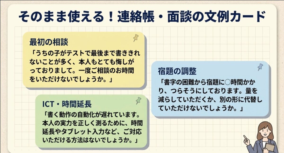 そのまま使える連絡帳面談の文例カード 最初の相談ICT時間延長宿題の調整