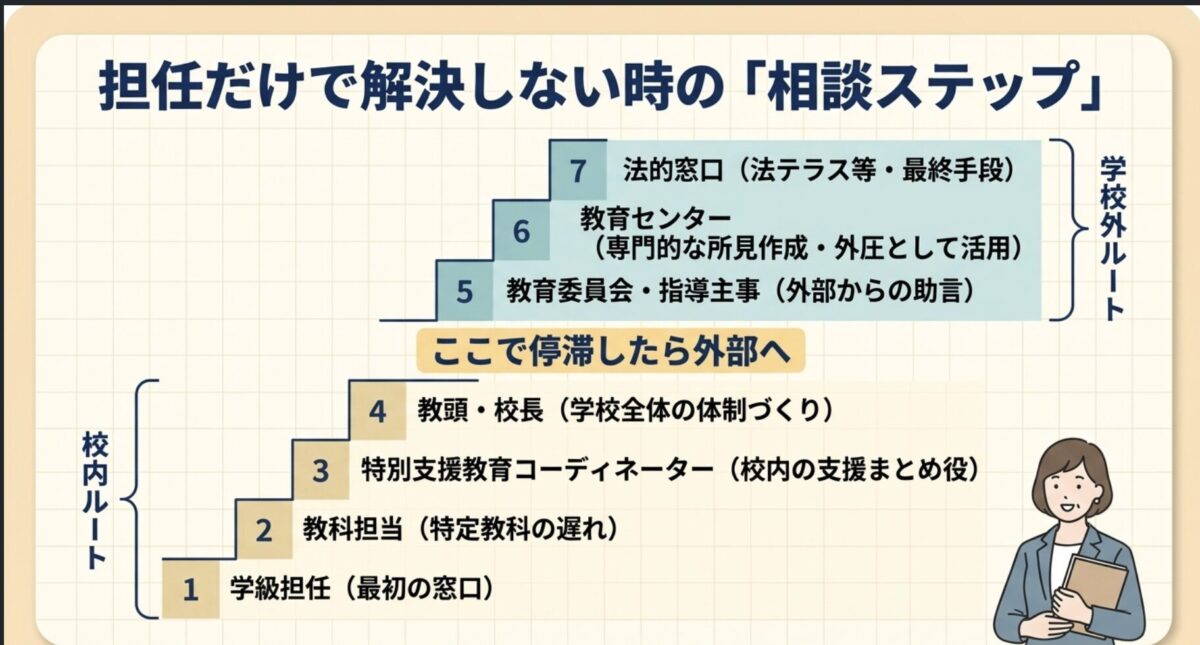 担任だけで解決しない時の相談ステップ 校内ルートと学校外ルートの7段階