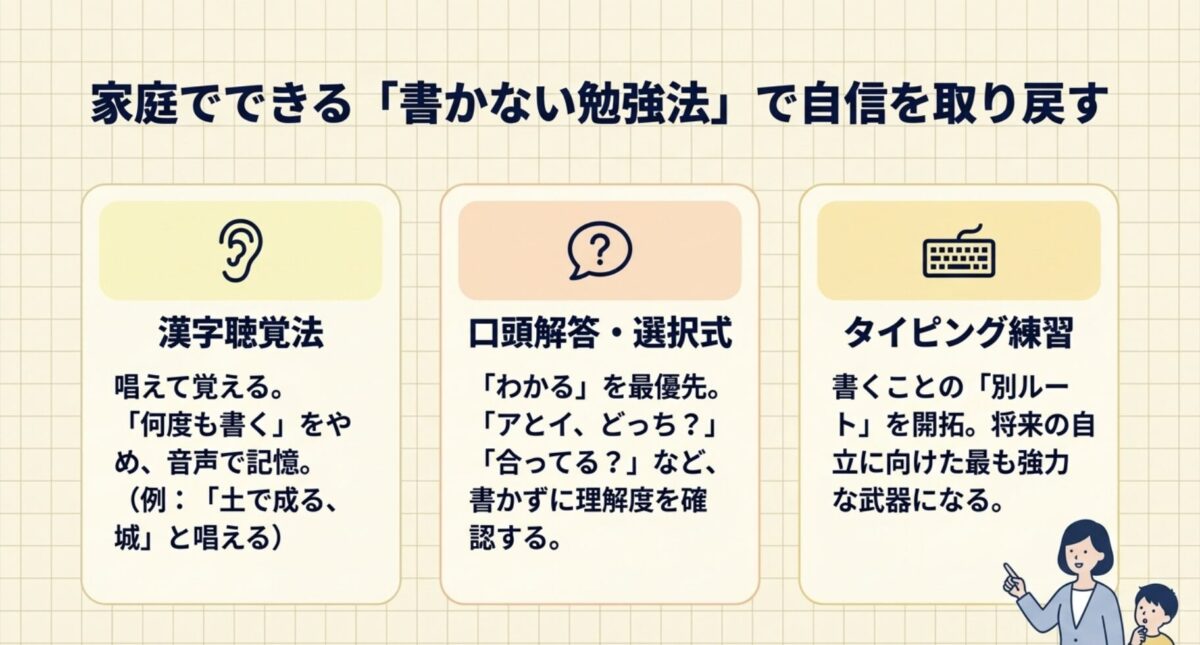 家庭でできる書かない勉強法で自信を取り戻す 漢字聴覚法口頭解答タイピング練習