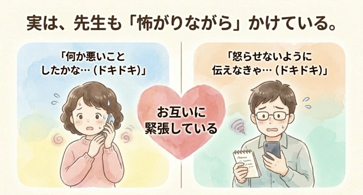実は先生も怖がりながら電話している、保護者と先生がお互いに緊張している