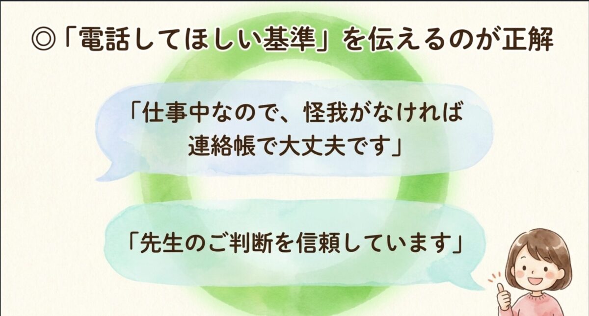 電話してほしい基準を伝えるのが正解、先生のご判断を信頼していますと伝えよう