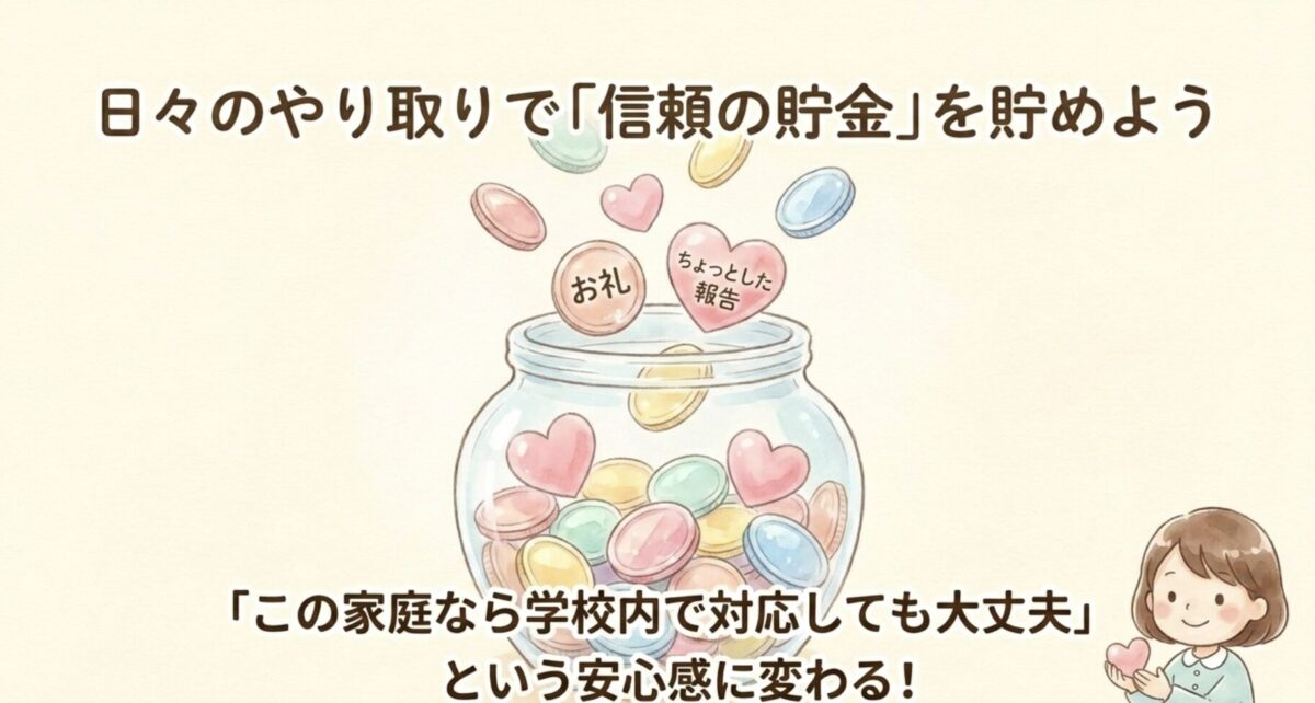日々のやり取りで信頼の貯金を貯めよう、この家庭なら学校内で対応しても大丈夫という安心感に