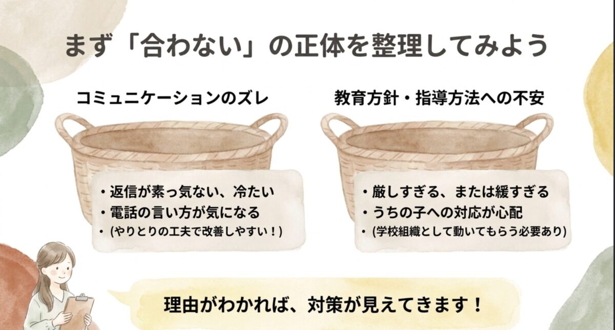 まず「合わない」の正体を整理してみよう｜コミュニケーションのズレか、教育方針への不安か。理由がわかれば対策が見えてきます