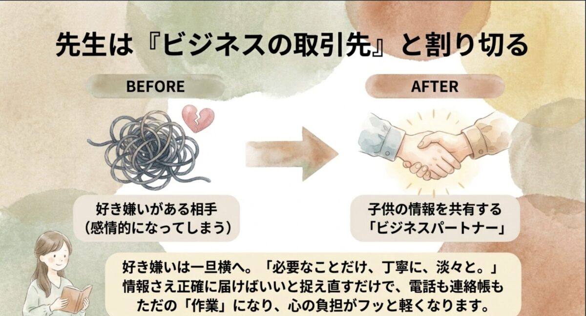 先生は「ビジネスの取引先」と割り切る｜好き嫌いは一旦横へ。必要なことだけ、丁寧に、淡々と