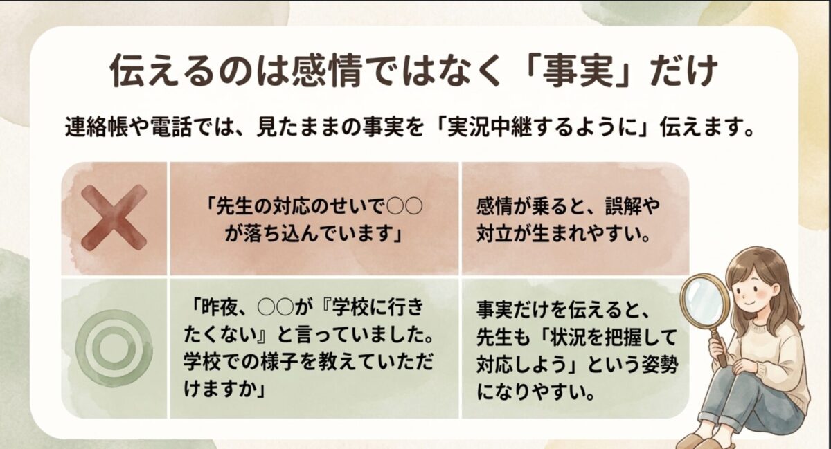 伝えるのは感情ではなく「事実」だけ｜連絡帳や電話では、見たままの事実を「実況中継するように」伝えましょう