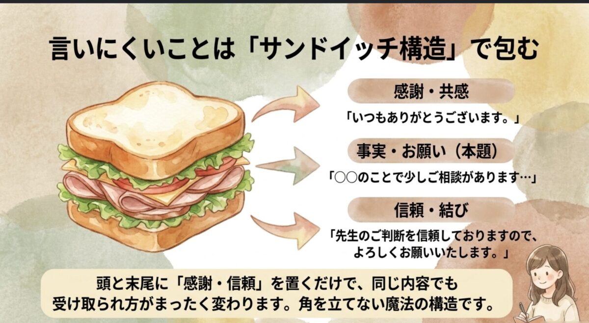言いにくいことは「サンドイッチ構造」で包む｜感謝・共感→事実・お願い→信頼・結びの順で伝える
