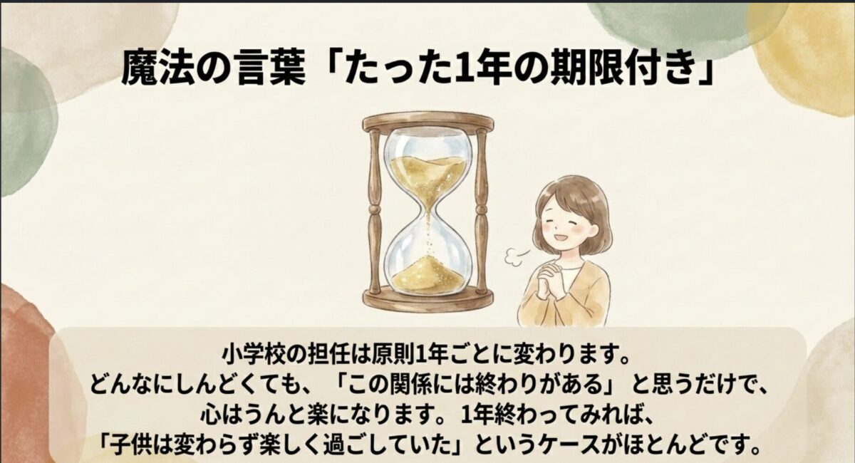 魔法の言葉「たった1年の期限付き」｜小学校の担任は原則1年ごとに変わります。この関係には終わりがあります