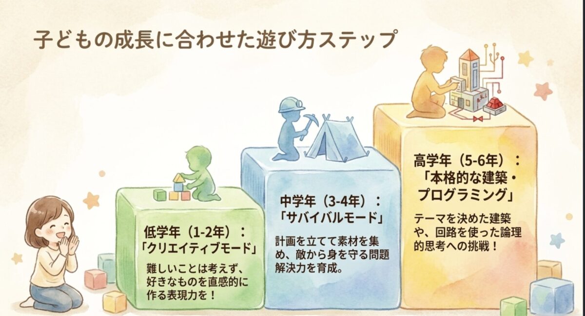学年別マイクラの遊び方ステップ：低学年クリエイティブ・中学年サバイバル・高学年プログラミング