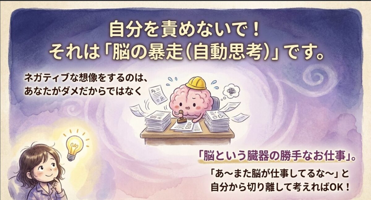 自分を責めないで！それは「脳の暴走（自動思考）」です。脳という臓器の勝手な仕事という説明イラスト
