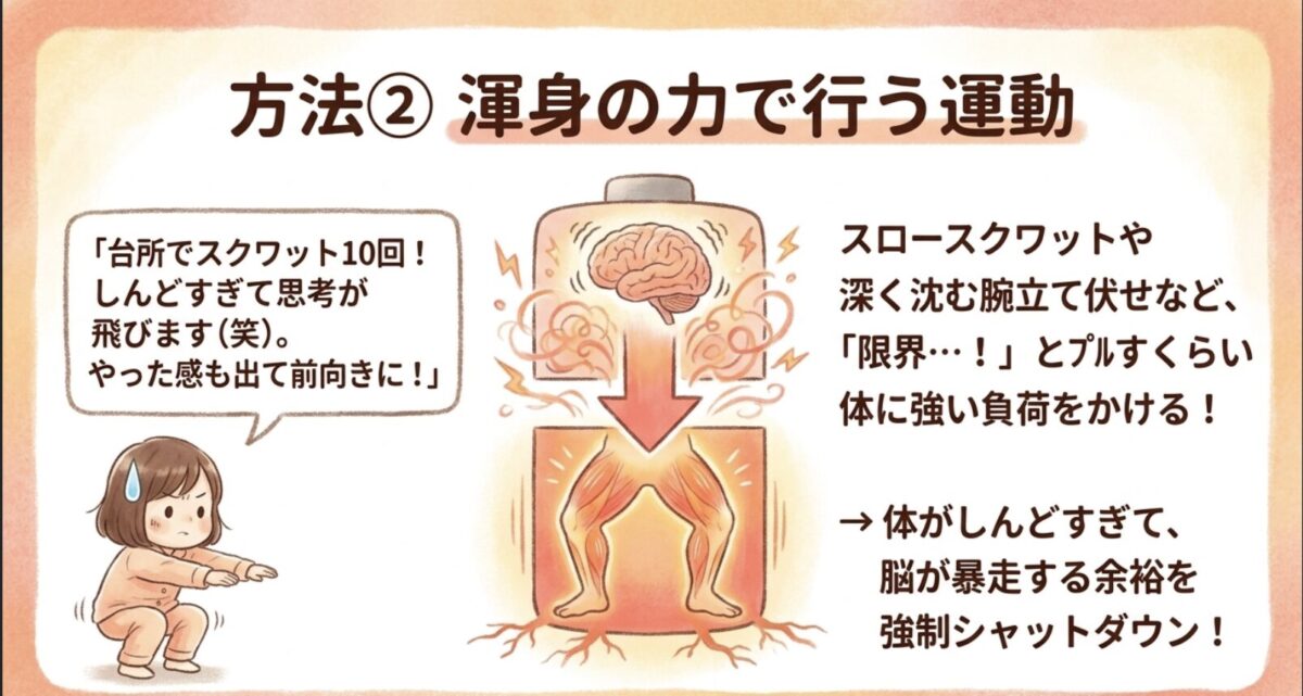 方法② 渾身の力で行う運動。スロースクワットや腕立て伏せで脳の暴走を強制シャットダウン