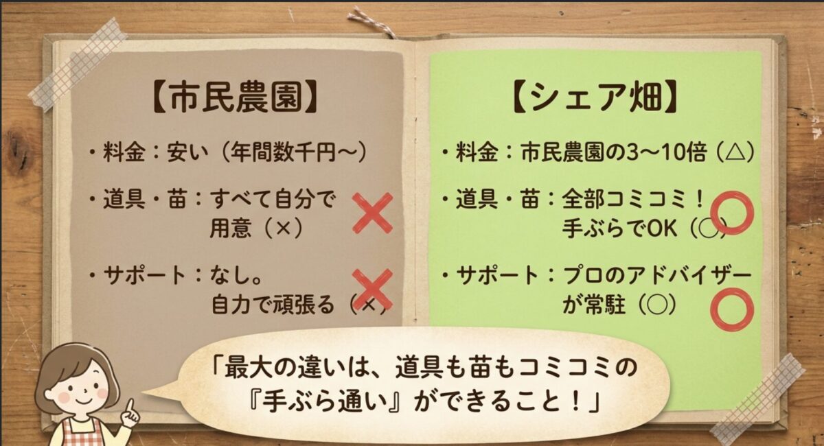 市民農園とシェア畑の違い比較