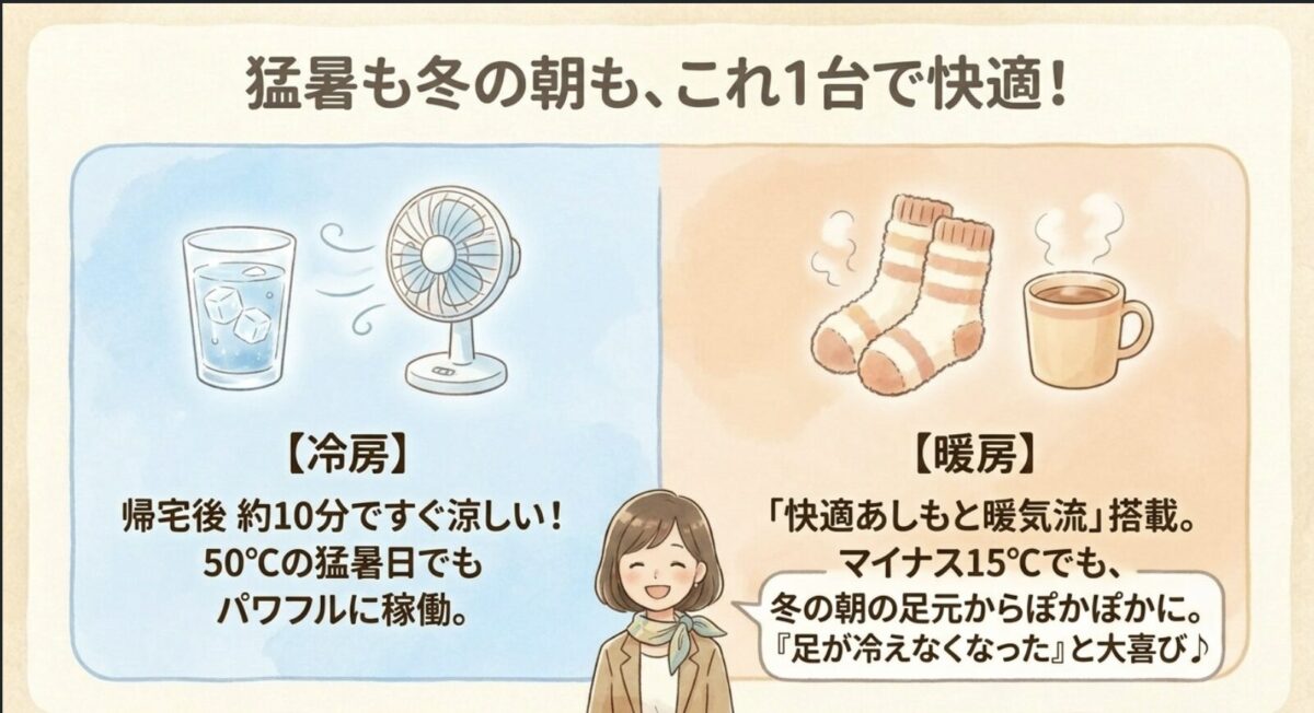 猛暑も冬の朝も、これ1台で快適！冷暖房性能