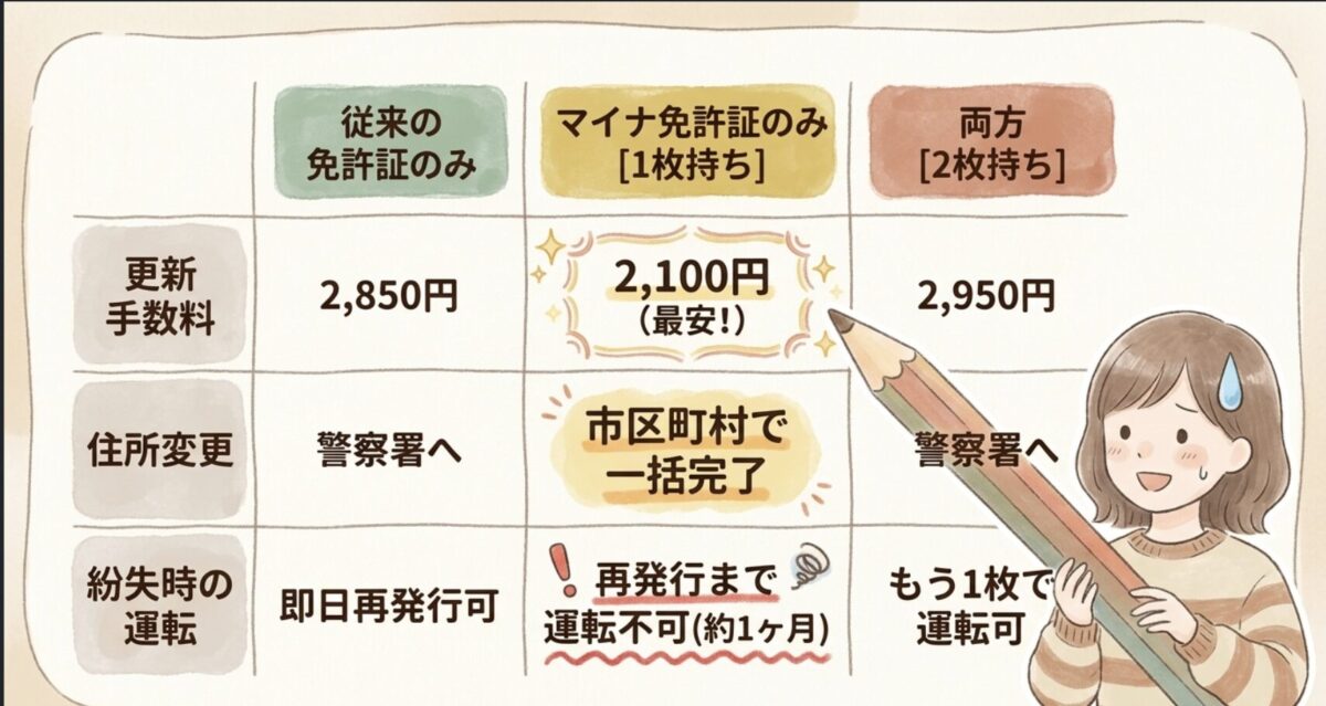 従来の免許証・マイナ免許証・2枚持ちの手数料と住所変更・紛失時比較表